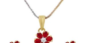 Ankur Elegant Gold and Rhodium Plated American Diamond Red Flower Shape Combo Pendant Set for Women