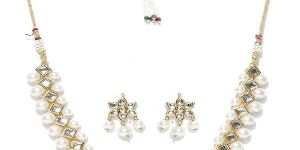 Ankur Glistening Gold Plated White Beads Kundan Necklace Set for Women