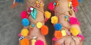 Ladies Colourful Pompom Bohemian Leather Sandal