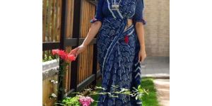Indigo Cotton Hand Block Printed Saree