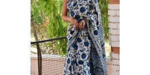 Indigo White Cotton Hand Block Printed Saree