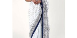 White Cotton Hand Block Printed Saree