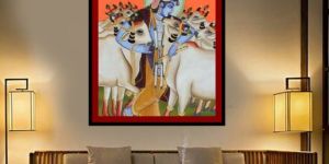 LORD KRISHNA PAINTING COWS LOVES HAND PAINTED ON CLOTH