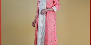 Womens Striped Kurta Palazzo Set with Printed Jacket (Peach Color)