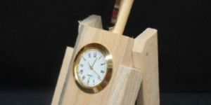 Wooden Pen Stand with Clock and Pen
