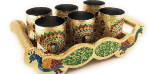 Wooden Meenakari 6 Glass Tray Set(N116)