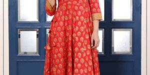 GOLD PRINT ROSE KURTI LONG GHERA