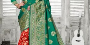Green & Red Silk With Golden Weaving jacquard Saree