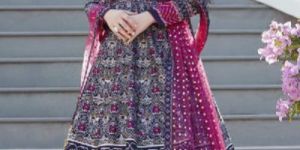 Navy Blue Party Wear Gown with Soft Net Table Print Dupatta