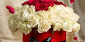 Round Box of White Roses & Heart Shape Red Roses