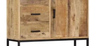 34.6x11.8x28 Inch Solid Mango Wood and Powder Coated Iron Storage Cabinet