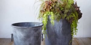 ANTIQUE GALVANIZED ZINC METAL PLANTER SET/2