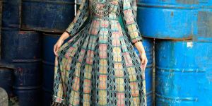 Rayon Geometric Foil Print Flared Gown