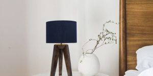 Wooden Tripod Stand Lamp with Blue Shade