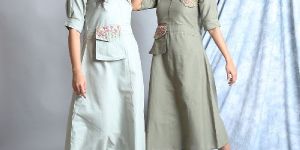 GAABA OLIVE GREEN HAND EMBROIDERY KNEE LENGTH DRESS