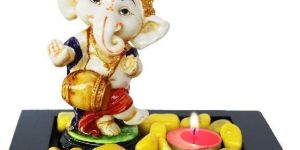 Dancing Dhol Playing Ganesha Idol with Wooden Tray