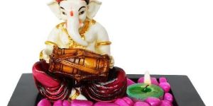 Dhol Playing Ganesha Idol with Wooden Tray