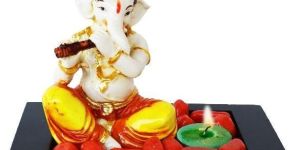 Seated Bansuri Playing Ganesha Idol with Wooden Tray