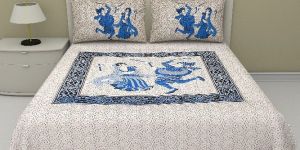 BLUE DANDIYA PRINT COTTON DOUBLE BED SHEET WITH 2 PILLOW COVERS