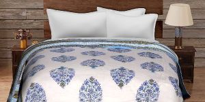 Blue Machine Quilted Reversible Block Print Floral Motifs AC Blanket