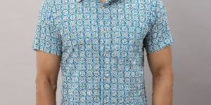 COTTON PRINTED CASUAL LIGHT BLUE REGULAR SHIRT FOR MEN