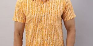 COTTON STRIPED CASUAL YELLOW REGULAR SHIRT FOR MEN