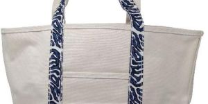 COTTON BEACH BAG WITH PRINTED HANDLE AND GUSSET