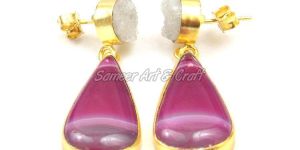 Agate and White Druzy Gemstone Stud Earring with Gold Plated