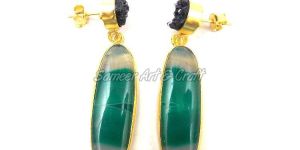 Green Agate and Black Druzy Gemstone Stud Earring