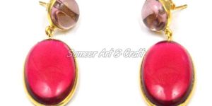 Rubellite Quartz & Amethyst Quartz Stud Earring withe Gold Plated