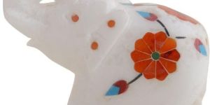 Freshings Alabaster Inlayed Trunk up Polished Elephant Figurine