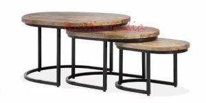 Round Iron & Wooden Coffee Table Set