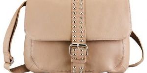 Beige Gold Beaded Leather Sling Bag