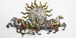 Metal Running Horse behind Sun in Golden Wall Art with LED