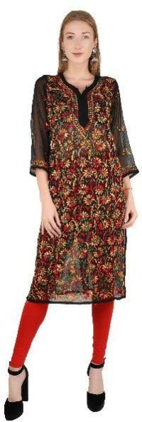 Chikan Handmade Multi Color on Black Embroidered Long Ethnic Kurti