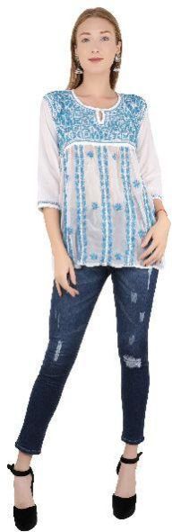 Western Style Chicken Handmade Blue on White Light Embroidered Tunic
