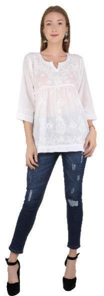 Western Style Chicken Handmade White on White Light Flower Embroidered Tunic