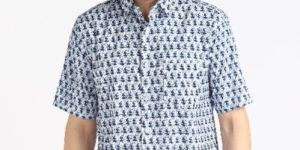 Mens Blue Kari Printed Half Sleeves Cotton Shirt
