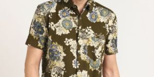 Mens Mehandi Green Printed Half Sleeves Cotton Shirt