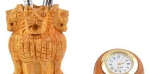 Wooden Ashok Stambh Pen Stand with Clock