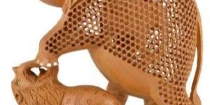 Wooden Undercut Elephant with Lion