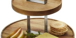 NATURAL WOODEN ROUND CAKE STAND WITH METAL
