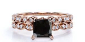 1.50Ct Princess Cut Natural Black Diamond Ring 14K Rose Gold