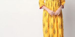Multi Colour Leaf Print Cotton Yellow Kurti