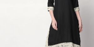 Black Kurti with Black Floral Print on off White Base Skirt