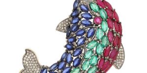 Ruby, Emerald, Blue Sapphire and Diamond Fish Brooch