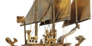 Wooden Base Antique Brass Ship