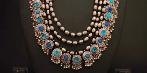 3 Layer Blue Stones Oxidised Silver Necklace Set