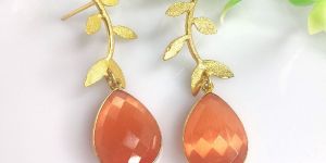 Gold Plated Leaf Design Stone Earring