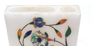 Alabaster Stone Card Pen Stand with Inlay Work